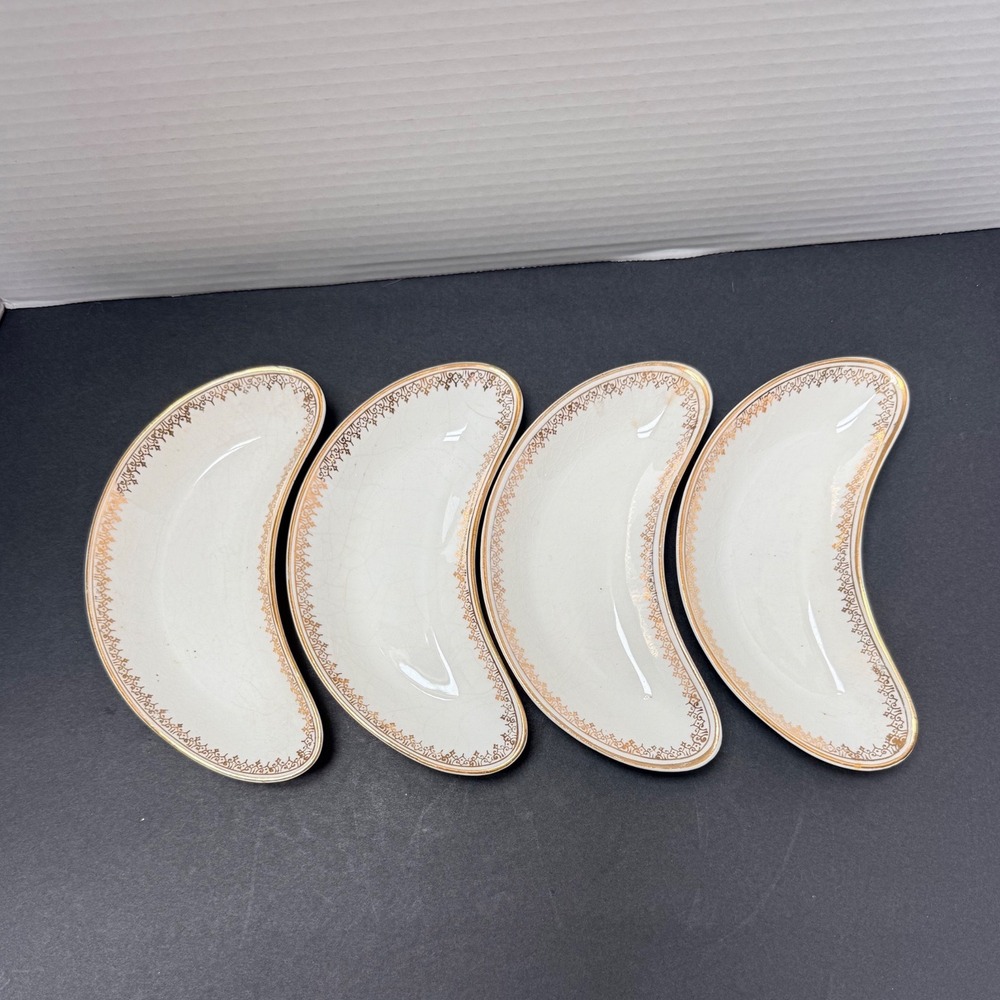 Edwin M Knowles Vintage Semi "Bone" Crescent Dish Gold Filigree Set of 4